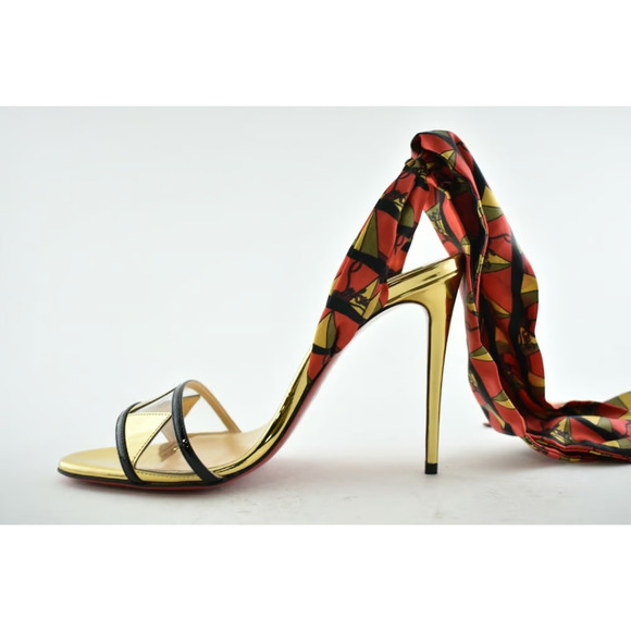 Christian Louboutin Baigneuse 100 Black Gold Red Lace Up Sandal Heel Pump 37.5 - Picture 11 of 12